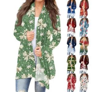 Women's Printed Casual Medium Length Jacket Fashion Christmas Cardigan Coat