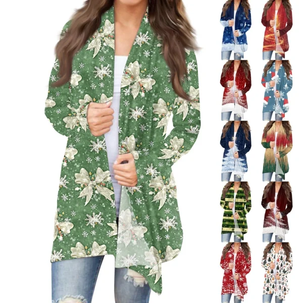 Women's Printed Casual Medium Length Jacket Fashion Christmas Cardigan Coat