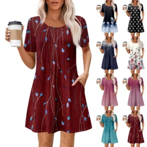 Women's Summer Dress Loose Beach Vacation Casual Round Neck Short Sleeve