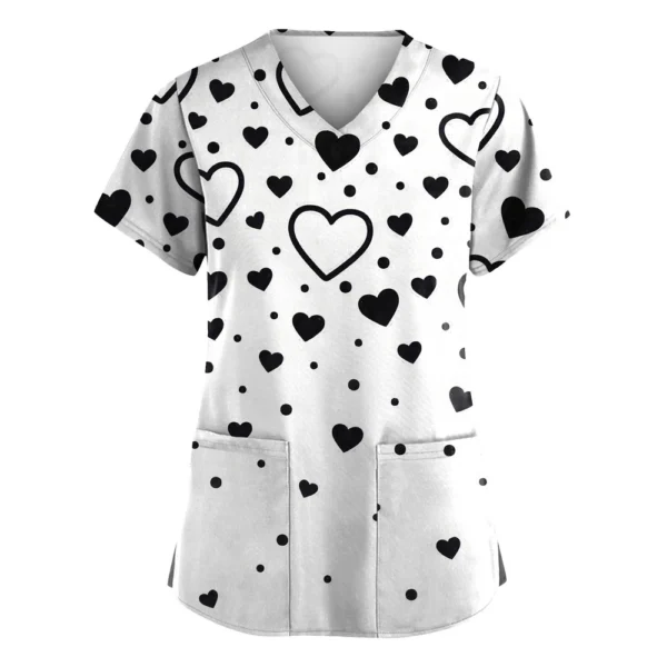 Women's Valentine's Day Printed  Uniform Work Uniform V-Neck Pocket Protective - Image 38