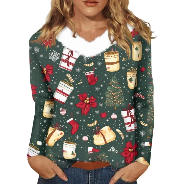 Women's Party Long Sleeve Shirt T Shirt V Neck Christmas Fleece Collar Top - Image 14