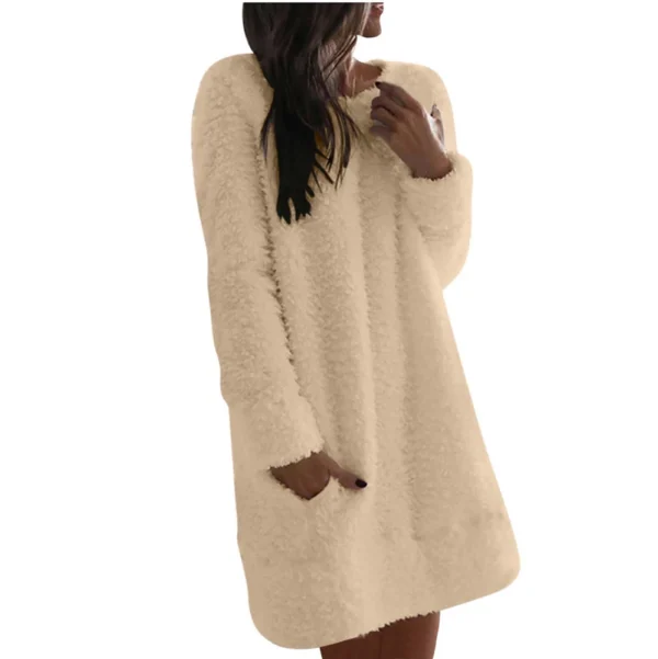 Women's Fuzzy Fleece Solid Color Dress Loose Fit Casual Round Neck Long Sleeve - Image 6