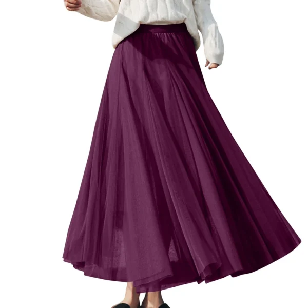 Women's Solid Color Mesh Skirt With Elastic Band Large Swing Mid Length Skirt - Image 23
