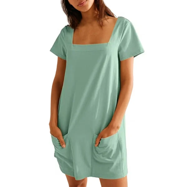 Women's Solid Color Square Collar Short Sleeve Fashion Skirt Pocket Casual Dress - Image 22