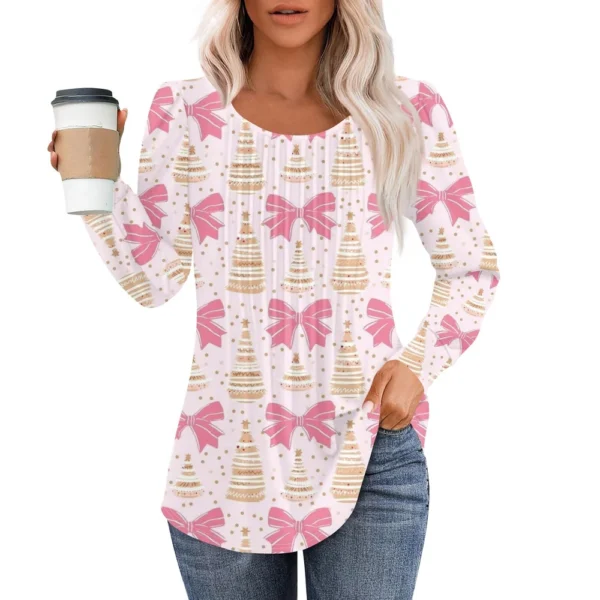 Women's Pleated Casual T-Shirt Round Neck Christmas Printed Long Sleeved Top - Image 2