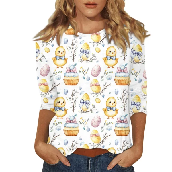 Women's Printed Easter Basic Tops Casual 3/4 Sleeve Fashion Plus Size Pullover - Image 5