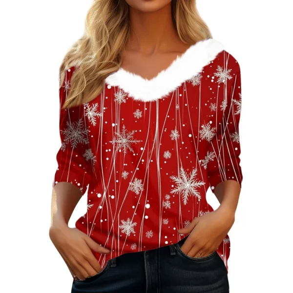 Women's Party Long Sleeve V Neck T Shirt Christmas Shirt Fleece Collar Top - Image 26