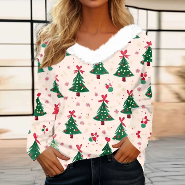Women's Long Sleeve Christmas Printed Party Plush Neck Wide Casual V-Neck Top - Image 13