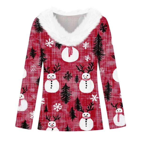 Women's Long Sleeve Christmas Printed Party Plush Neck Wide Casual V-Neck Top - Image 11