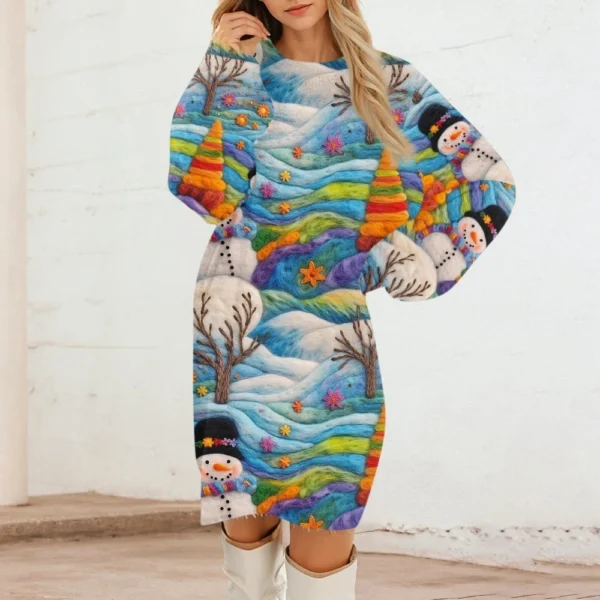 Women's Round Neck Casual Long Sleeve Plush Christmas Printed Dresses - Image 36