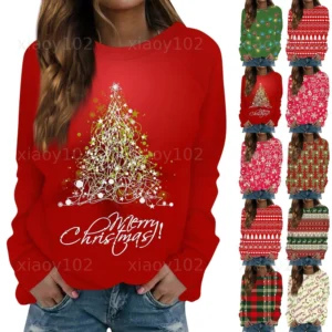 Women's Long Sleeve Print O-Neck Christmas Blouse Fashion Casual Pullover Top