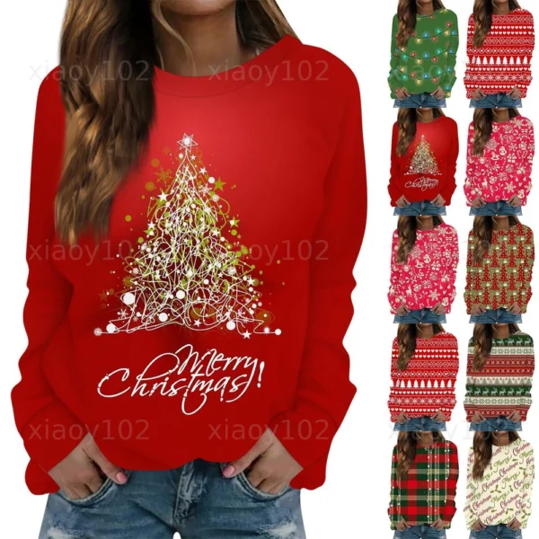 Women's Long Sleeve Print O-Neck Christmas Blouse Fashion Casual Pullover Top