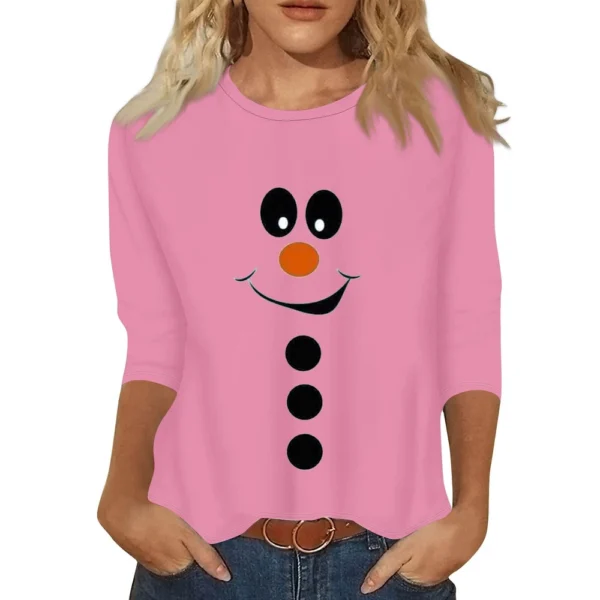 Women's Christmas Casual Round Neck T-Shirt Printed 3/4 Sleeve Loose Ladies Top - Image 9