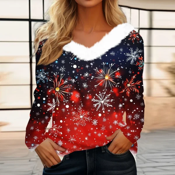 Women's Christmas Party V Neck T Shirt Fleece Collar Shirt Long Sleeve Top - Image 16