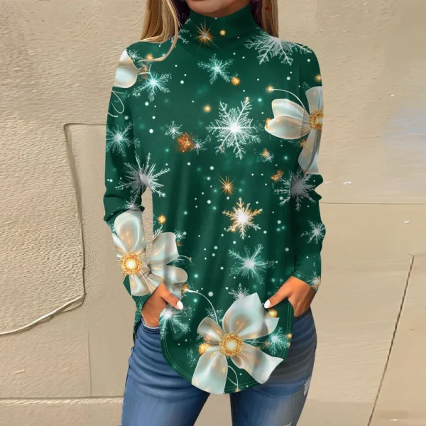 Women's Printed Christmas High Neck Pullover Long Sleeve Casual Fashion T-Shirt - Image 28