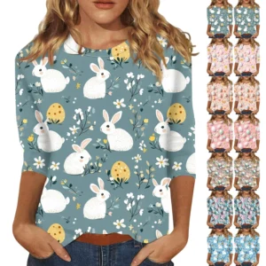 Women's Printed Tops Plus Size Casual Easter Basic Fashion 3/4 Sleeve Pullover