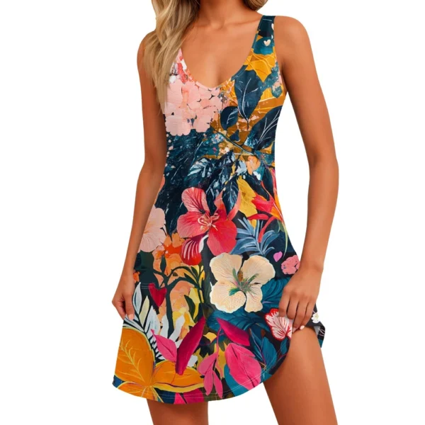 Women's Floral Print Dress, Vest, Skirt With Pockets, Beach Skirt, V-Neck Vest - Image 4