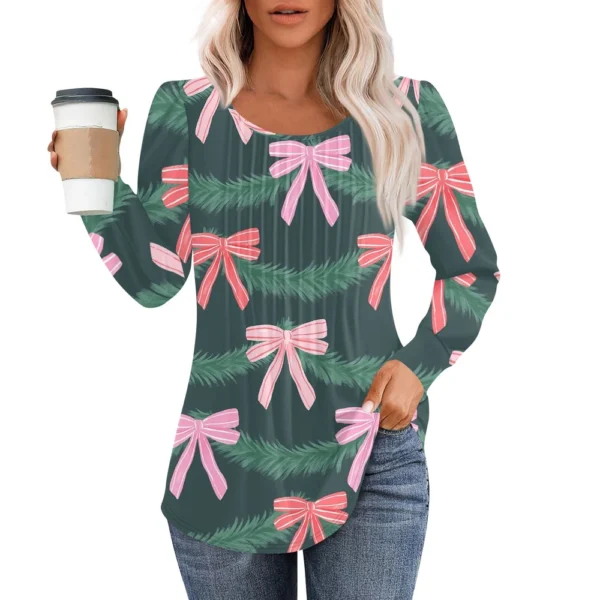 Women's Pleated Casual T-Shirt Round Neck Christmas Printed Long Sleeved Top - Image 7