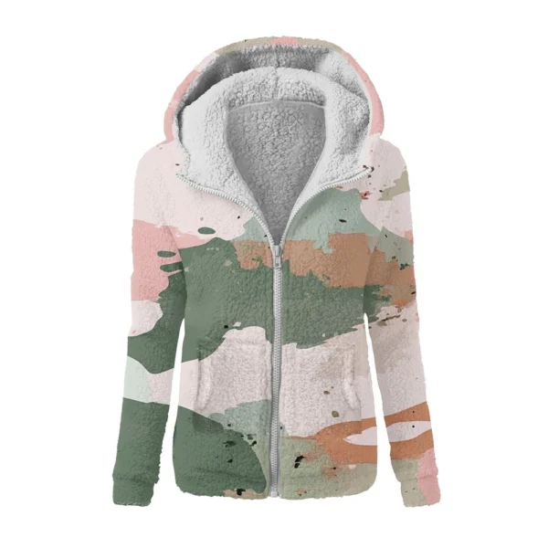 Women's Winter Camouflage Print Casual Fashion Plush Hooded Zipper Sweater - Image 4