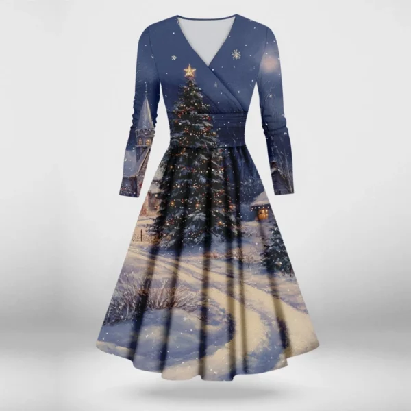 Women's Printed V-Neck Christmas Casual Fashion Long Sleeve Slim Dresses - Image 28
