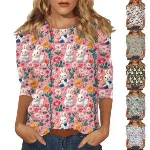 Women's Tops Easter Fashion Basic 3/4 Sleeve Printed Plus Size Casual Pullover