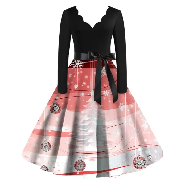 Women's Casual V-Neck Christmas Printed Fashion Long Sleeve Slim Dresses - Image 25