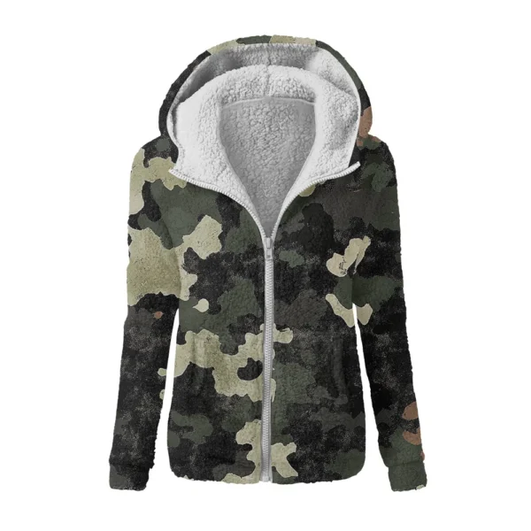 Women's Winter Camouflage Print Casual Fashion Plush Hooded Zipper Sweater - Image 8