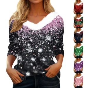 Women's V Neck Christmas Party Top Fleece Collar Shirt Long Sleeve T Shirt