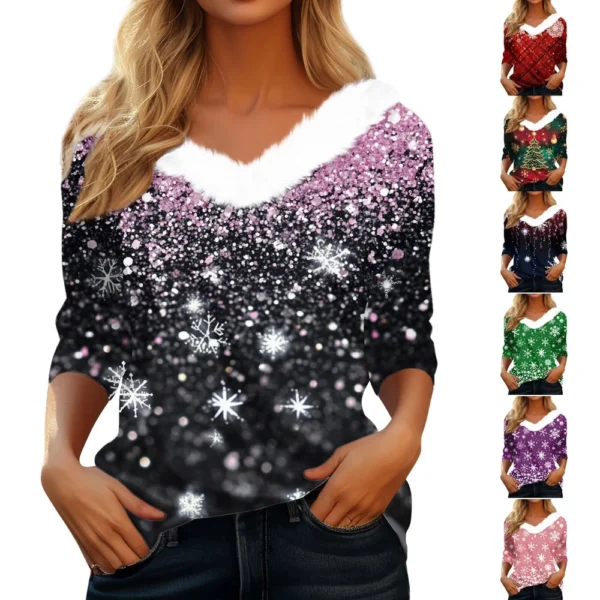 Women's V Neck Christmas Party Top Fleece Collar Shirt Long Sleeve T Shirt