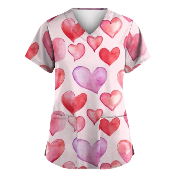 Women's Valentine's Day Printed  Uniform Work Uniform V-Neck Pocket Protective - Image 19