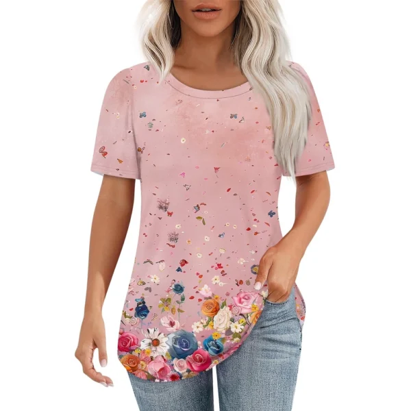 Women's Round Neck Casual Fashion Printed Daily Short Sleeved Loose T-Shirt - Image 2