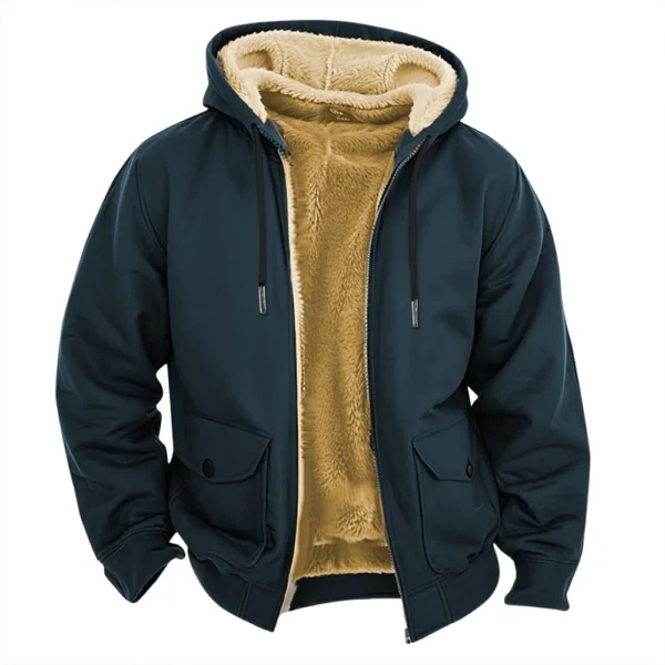 Men's Casual Zippered Pocket Hooded Jacket Men's Solid Color Fashion Warm Jacket - Image 20