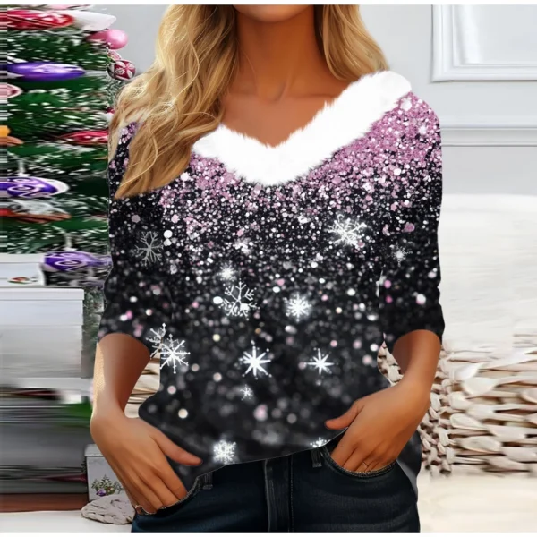 Women's V Neck Christmas Party Top Fleece Collar Shirt Long Sleeve T Shirt - Image 25