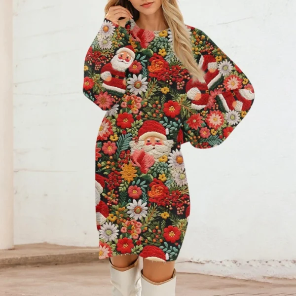 Women's Round Neck Casual Long Sleeve Plush Christmas Printed Dresses - Image 39