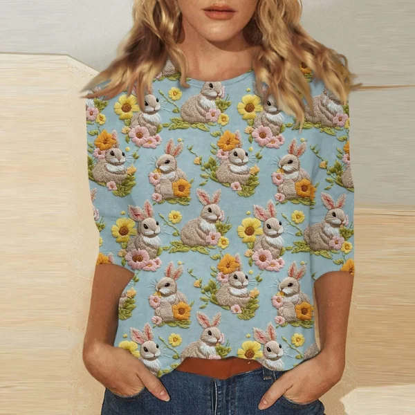 Women's Tops Easter Fashion Basic 3/4 Sleeve Printed Plus Size Casual Pullover - Image 22