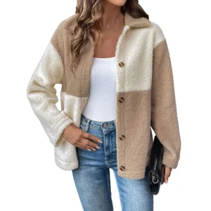 Women's Loose Casual Color Blocked Single Breasted Lapel Long Sleeved Jacket