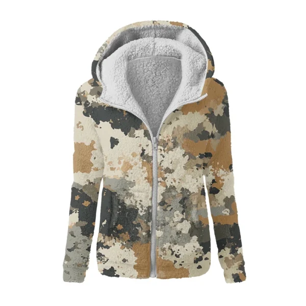 Women's Winter Camouflage Print Casual Fashion Plush Hooded Zipper Sweater - Image 23