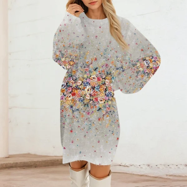 Women's Round Neck Casual Long Sleeve Plush Gradient Vintage Floral Print - Image 28