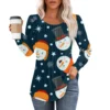Women's Christmas Printed Top Round Neck Casual Pleated Long Sleeved T-Shirt - Image 3