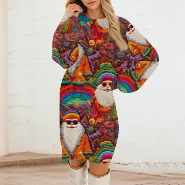 Women's Round Neck Casual Long Sleeve Plush Christmas Printed Dresses - Image 33