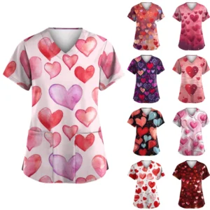Women's Valentine's Day Printed  Uniform Work Uniform V-Neck Pocket Protective