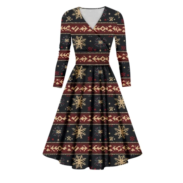 Women's Printed V-Neck Christmas Casual Fashion Long Sleeve Slim Dresses - Image 35