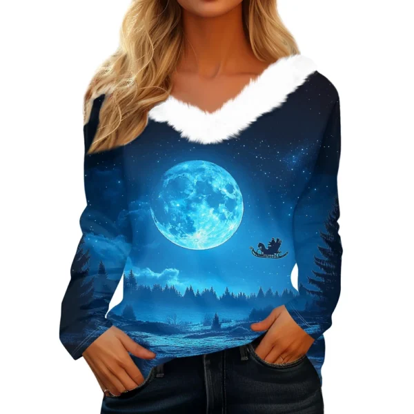 Women's V Neck Party Long Sleeve Top Christmas Shirt Fleece Collar T Shirt - Image 20