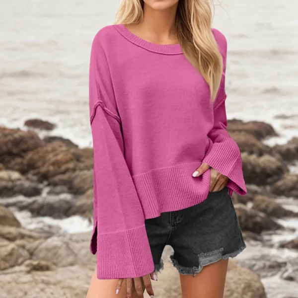 Women's Solid Color Round Neck Bell Sleeve Pullover Knitwear Fashion Short - Image 25
