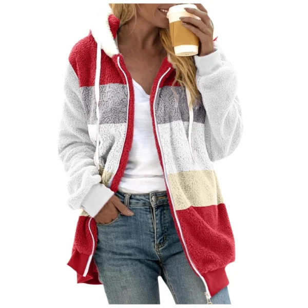 Women's Fashion Stitching Loose Hoodies Long Sleeve Plush Zipper Coat - Image 23
