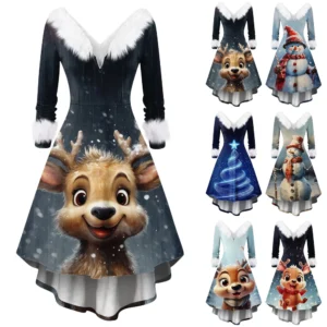 Women's Fashion V-neck Casual Fit Christmas Print Party Long Sleeve Dress