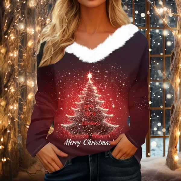 Women's Christmas Shirt Long Sleeve Top Fleece Collar Party V Neck T Shirt - Image 25