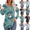 Women's Christmas Printed Top Round Neck Casual Pleated Long Sleeved T-Shirt