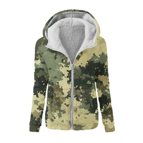 Women's Winter Camouflage Print Casual Fashion Plush Hooded Zipper Sweater - Image 32