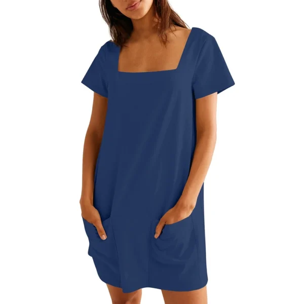Women's Solid Color Square Collar Short Sleeve Fashion Skirt Pocket Casual Dress - Image 6